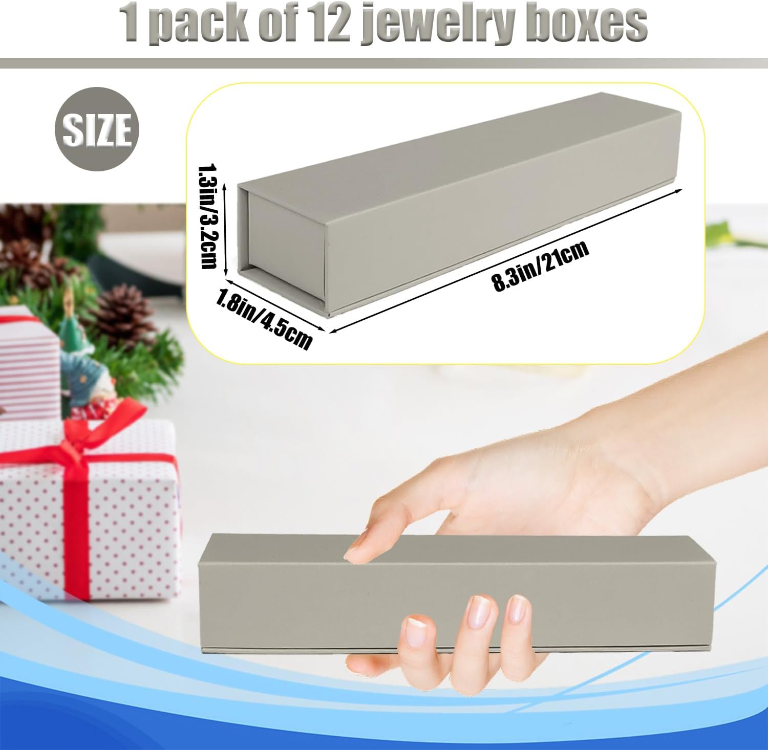 Jewelry Gift Box, 12 Pack Velvet Lined Style Box for Necklace & Bracelet Organizer Elegant Jewelry Storage Box for Gift Giving Flip-Up Design Ring & Necklace Packaging, 8.3x1.8x1.4 Inches (Gray)