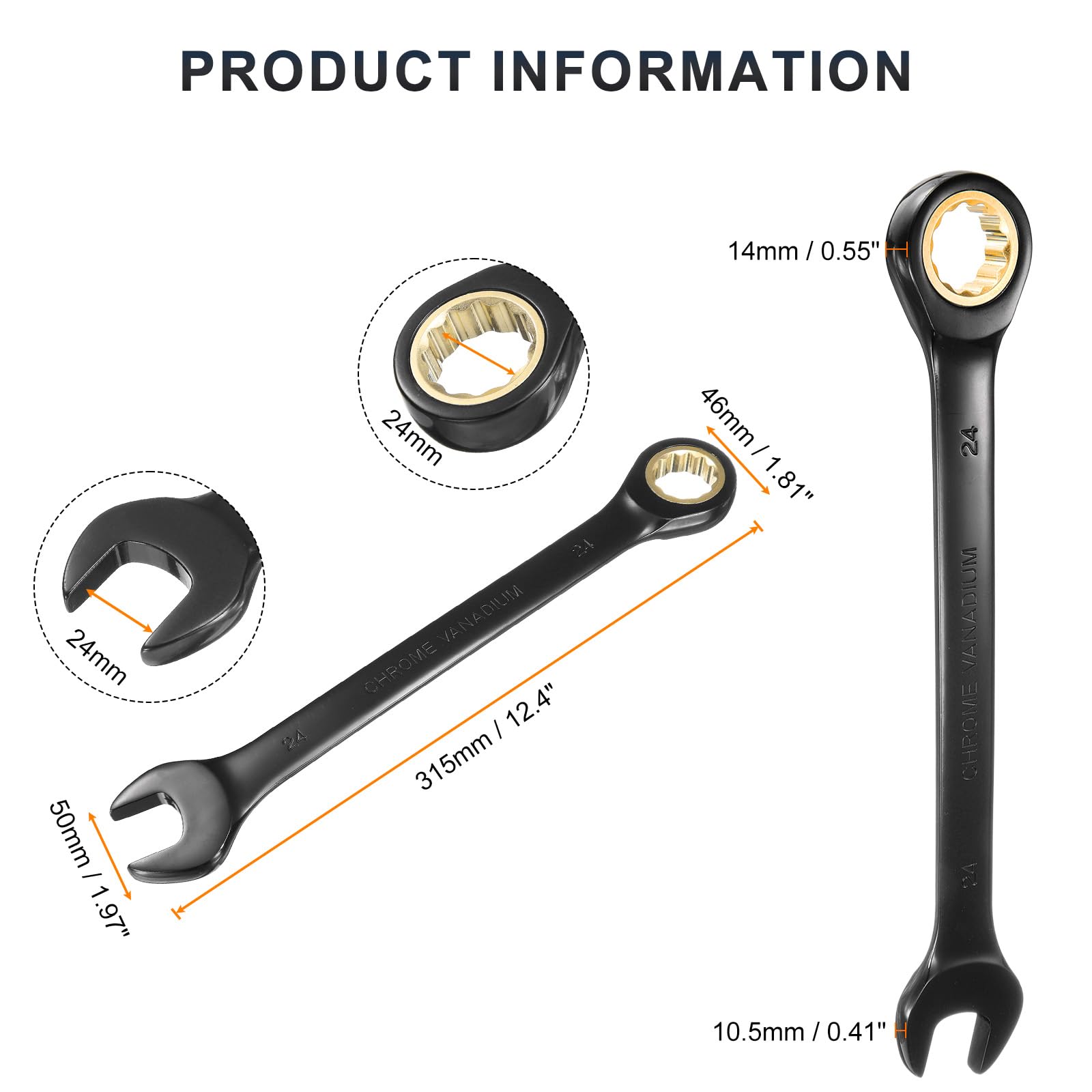QUARKZMAN 4Pcs Llave de Trinquete 24mm Métrica de Boca Abierta 72 Dientes Acero CR-V Niquelado Llave Combinada de Trinquete para Tuercas y Pernos