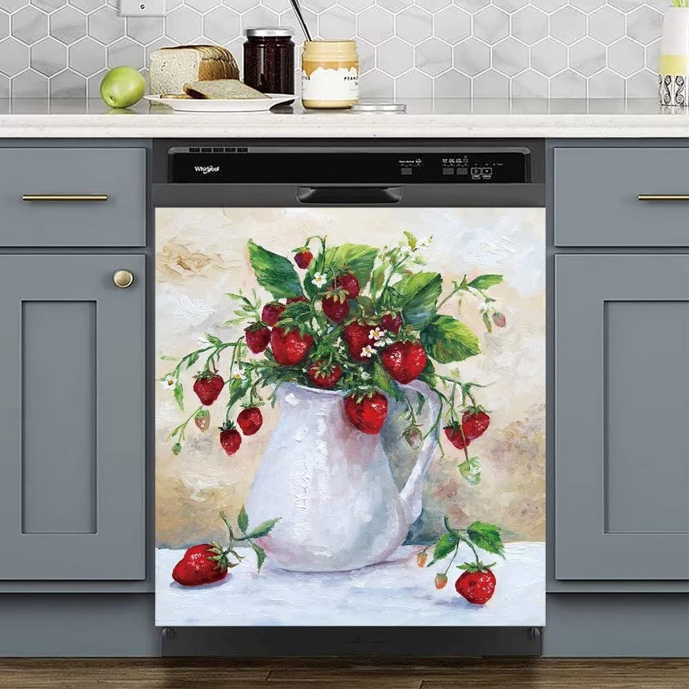 Dishwasher Magnet Cover - Strawberry Decorative Magnetic Door Panel | Sweet Home Kitchen Decoration | Farmhouse Vase Flower Fruit Decal | Dish Washer Appliance Art Sticker,23Wx26H