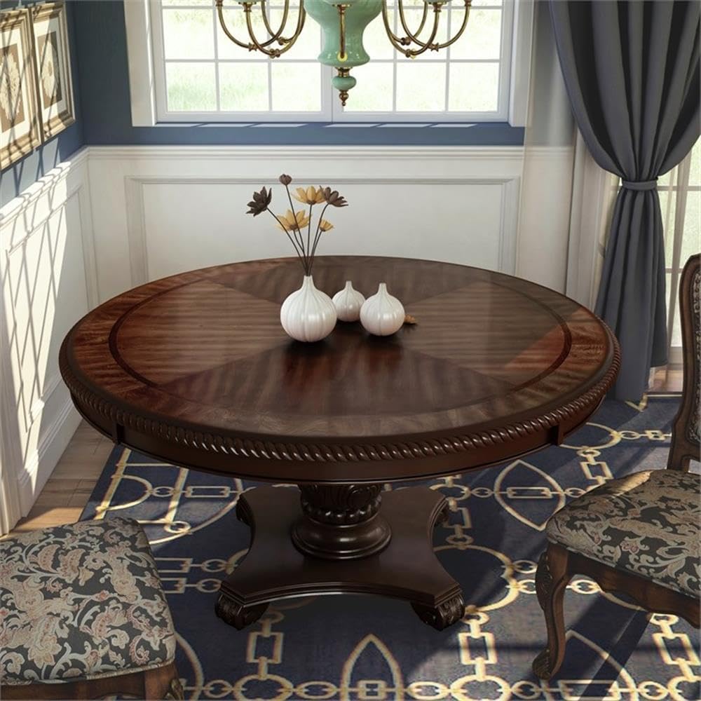 BOWERY HILL Round Wood Pedestal Dining Table, 60 in, Brown Cherry Finish, Solid Wood and Veneer Construction, Hand-Carved Base, Geometric Top Design, Traditional Style for Formal Dining Room