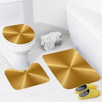 Bathroom Rugs Set 3 Piece Gold Steel Metal Bath Rug Mat Set, Non Slip Absorbent Bathroom Decor Mat, Toilet Lid Cover & U Shaped Contour Rug