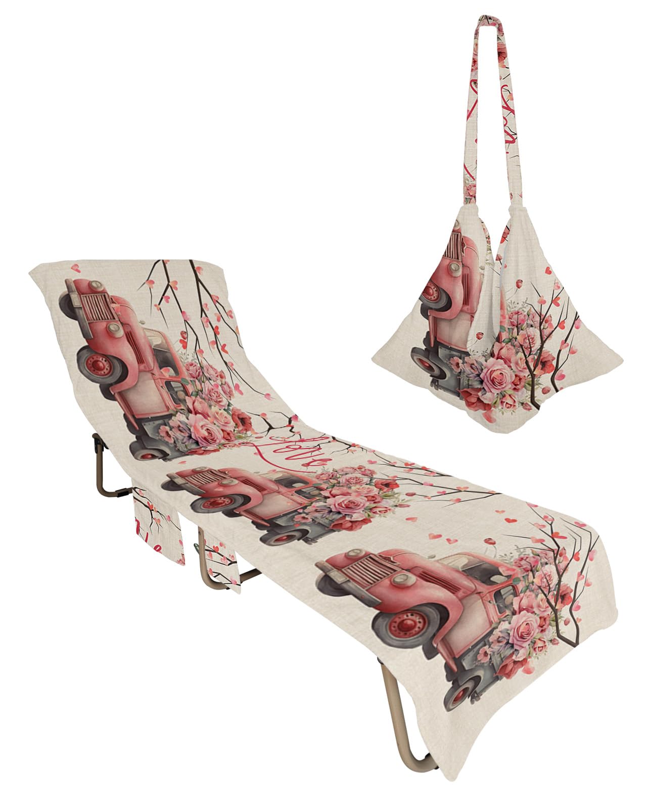 Valentine's Truck Lvory Beach Chair Towel Covers for Chaise Lounge with Side Pocket, Soft Plush Pool Towels Cover for Patio Sunbathing Outdoor 29''x85'' Retro Romantic Rose Watercolor