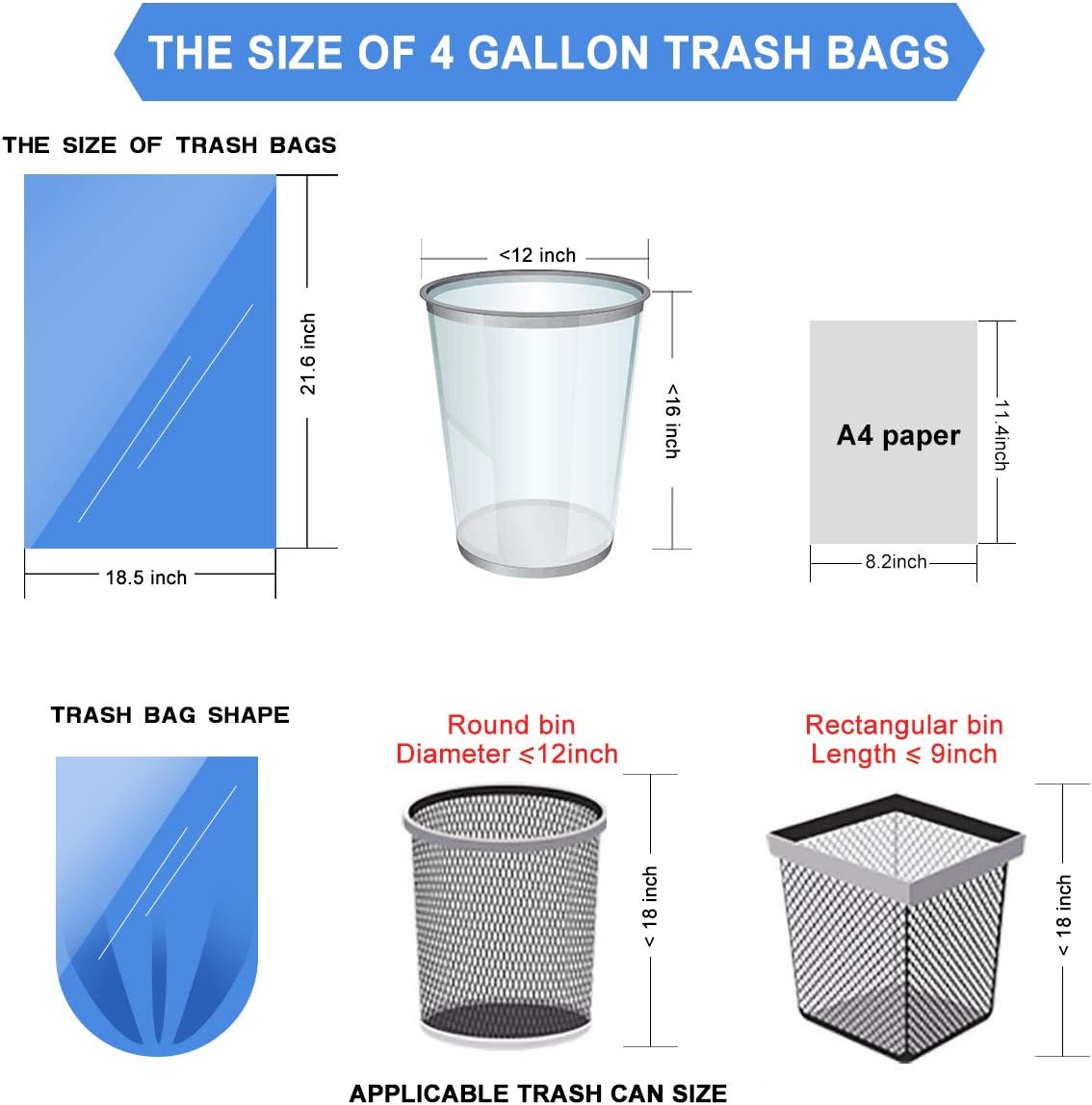 Small Trash Bags,4 -6 Gallon Compostable Garbage Bags,AYOTEE Unscented Leak Proof Biodegradable Bags Wastebasket Liners for Office,Home,Bathroom, Bedroom,Car,Kitchen,Pet (100 Counts, Blue)