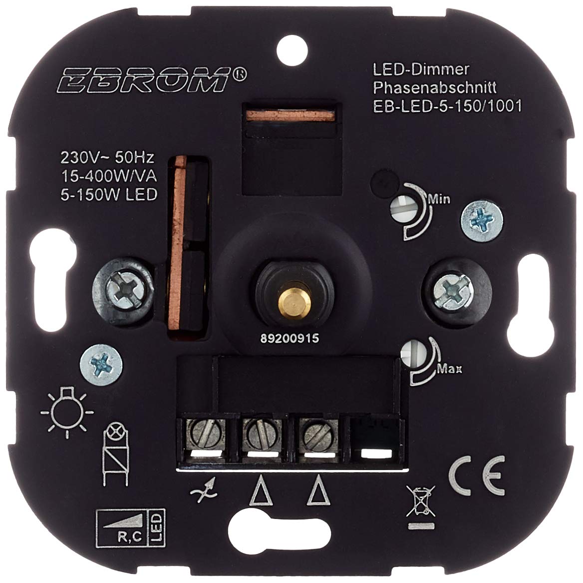 EBROM® podtynkowy ściemniacz LED z funkcją przyciemniania obrotowego, odcinka fazowego, LED 5-150 W, ściemniane halogeny itp. 15-400 W/VA, pasuje do Busch Jäger, Gira, Jung, Berker, minimalna i maksymalna jasność