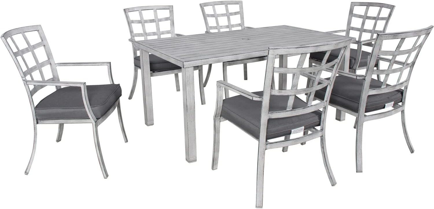 Hanover 7-Piece Spring Lake Outdoor Furniture Dining Set, 6 Cushioned Aluminum Chairs and 62"X36.5" Slat Top Table, All-Weather Rust-Resistant, White/Grey : Patio, Lawn & Garden