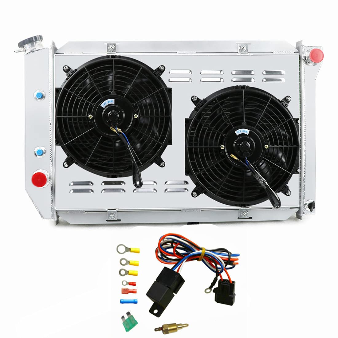 4 Row Full Aluminum Radiator & Fan Shroud & Thermostat Relay Kit Compatible for Ford 69-71 Country Sedan/Squire/LTD, 71-73 Mustang, 70-71 Torino丨69-71 Mercury Colony Park/Marquis