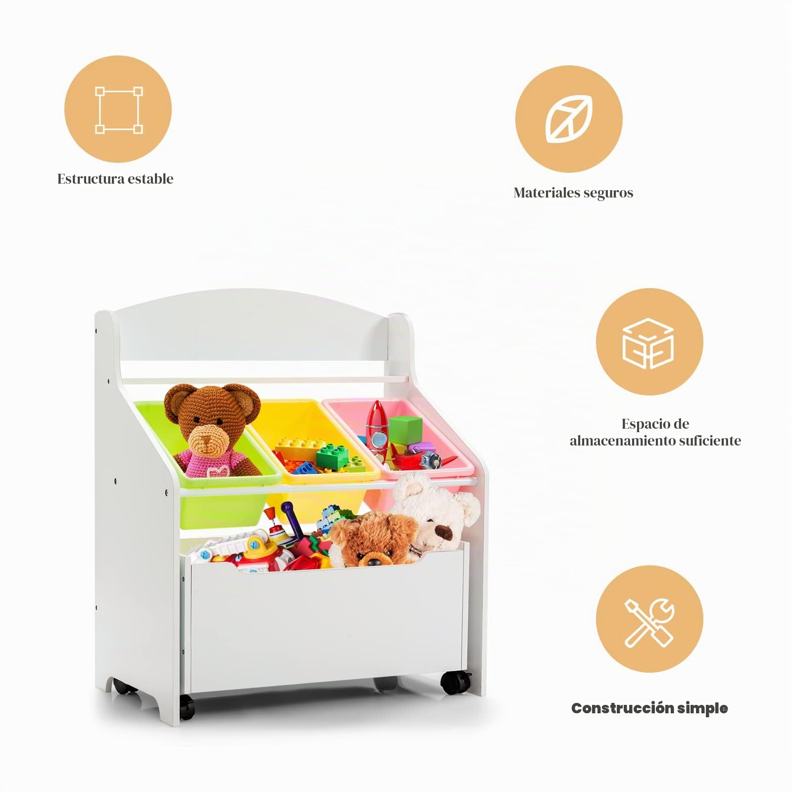 LIFEZEAL Estantería para Juguetes, Organizador de almacenamiento con 3 cubos de plástico, Caja con ruedas de juguetes infantil, armario para habitación del niño (blanco)