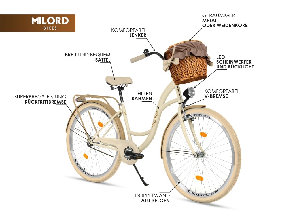Milord Bicicletta comoda con cestino in vimini, stile olandese, da donna, Citybike, retrò, vintage, 28 pollici, verde-crema, 1 marcia