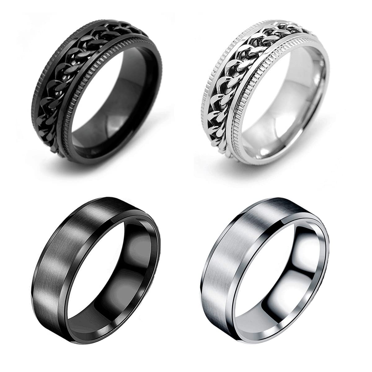 VELESAY4 Piezas Anillos Hombre Acero Inoxidable Vintage Cadena Anillos Giratorios Anillos para Hombres Mujeres Anillos Hombre Negro Anillo Giratorio Hombre Anillos de Acero Mujer