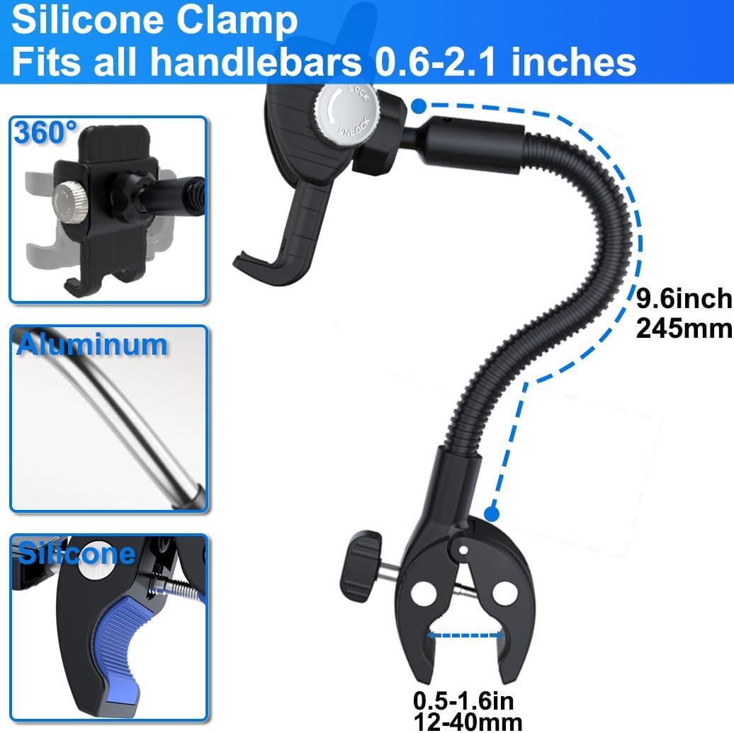 Phone Holder Spin Bike Mount, Goosencek Handlebar Clamp Holder Fit Peloton, Treadmill, Wheelchair, Indoor Exercise Bicycle, Mic Stand, Scooter, Stroller - Fit iPhone 15 Pro 14 13 & All 4-7" Cell Phone