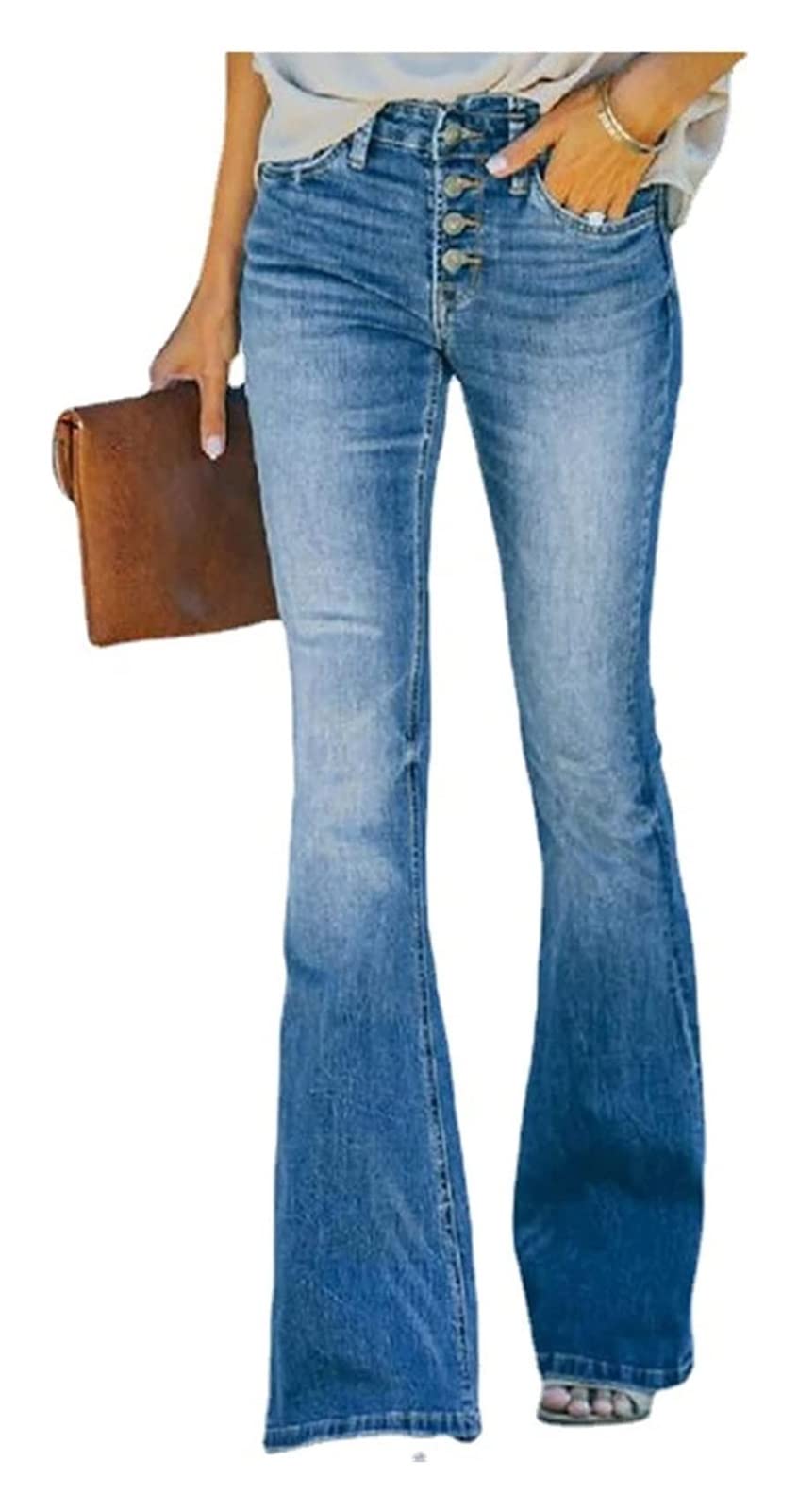 Jeans De Pierna Acampanada Cintura Alta Con Botones Vintage De Los Años 90, Pantalones De Pierna Ancha Tiro Alto Jeans De Mezclilla Azules Elásticos, Classic Pull-On Stretch Denim Bell Bottom Vaqueros