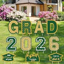 Set of 11 Graduation Yard Sign Decorations Congrats Grad Graduation Lawn Signs Class of 2026 Yard Signs with 22 Stakes for Outdoor Graduation Party Pathway Decor SuppliesGreen & Gold