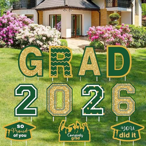 Set of 11 Graduation Yard Sign Decorations Congrats Grad Graduation Lawn Signs Class of 2026 Yard Signs with 22 Stakes for Outdoor Graduation Party Pathway Decor Supplies(Green & Gold)