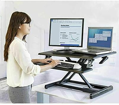 Seville Classics Airlift Height Adjustable Sit Desk Converter Workstation Standing Ergonomic Dual Monitor Riser with Keyboard Tray, Compact Rectangular 30", Midnight