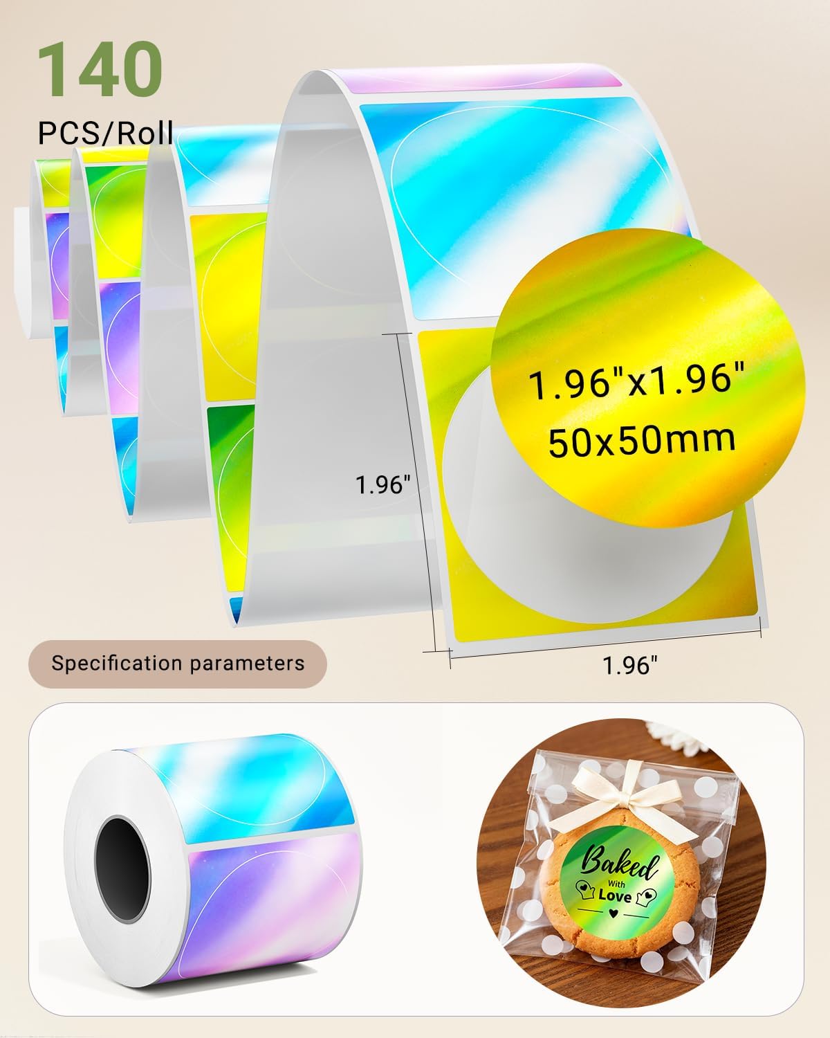 Phomemo Label Printer with 2 Inch Circle Thermal Labels,Holographic Thermal Stickers for Logo, Candle, Baking,Canning, Small Business, 140pcs/Roll