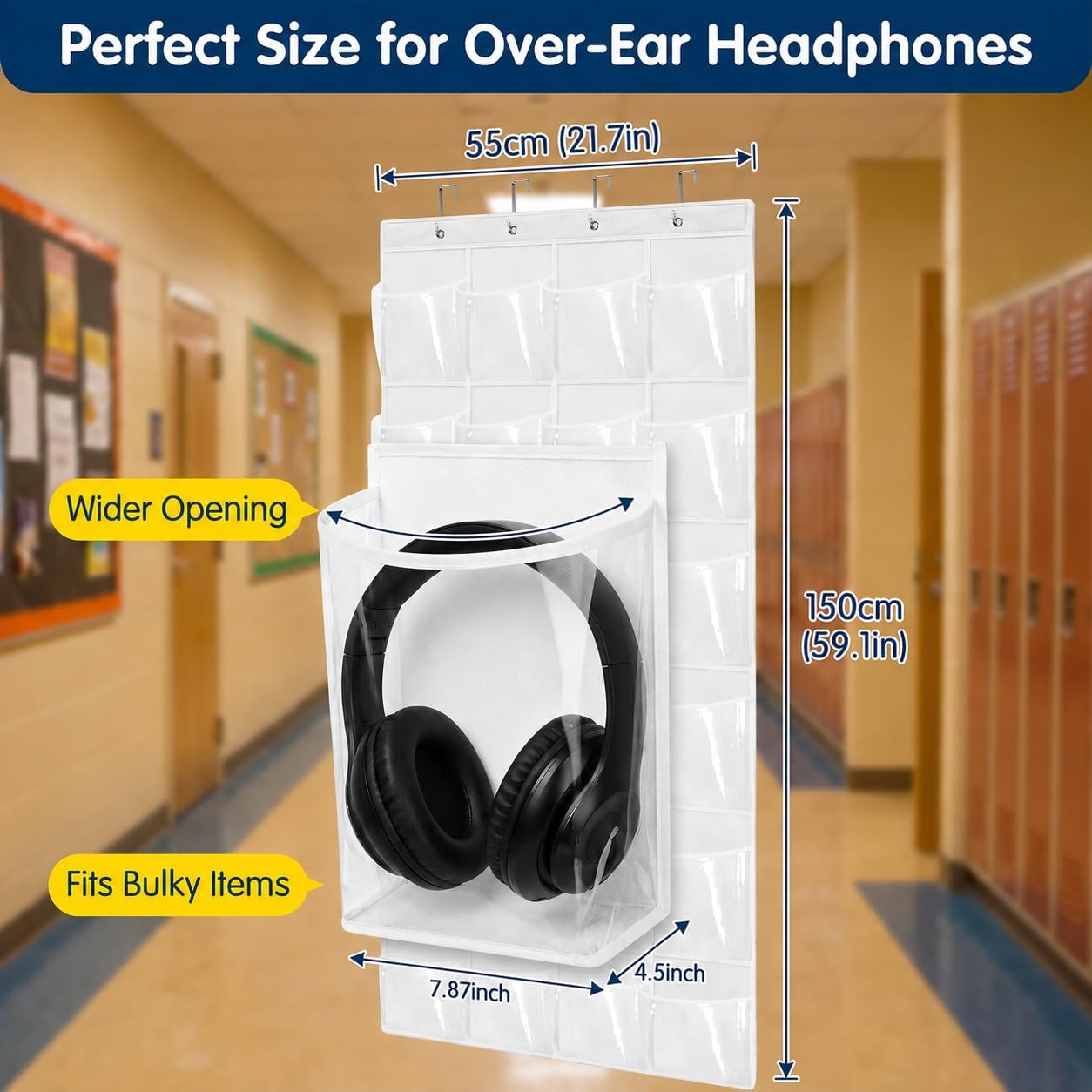 1 Pack Classroom Headphone Storage Organizer, 24 Large Clear Pocket Chart, Heavy Duty Over The Door Hanging Organizer with Strong Hooks & Accessories, Multi-Purpose for Classroom Supplies, Library