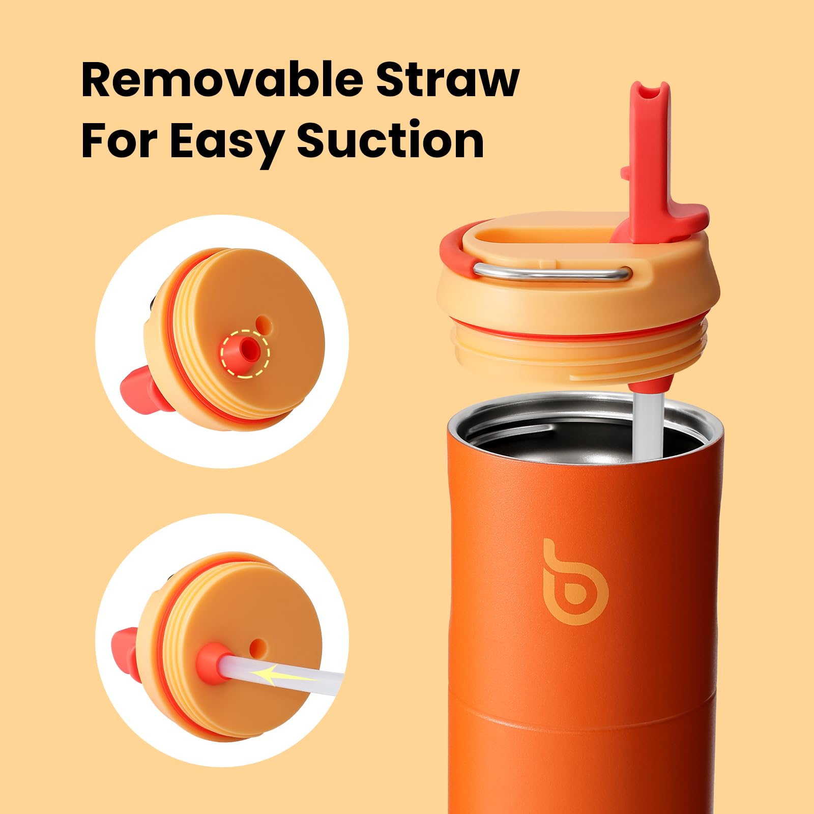 Bottle Bottle Borraccia termica da 710 ml, con coperchio, cannuccia e manico, in acciaio inox, a doppia parete sottovuoto, a prova di perdite, senza BPA, per sport, viaggi, palestra, arancione