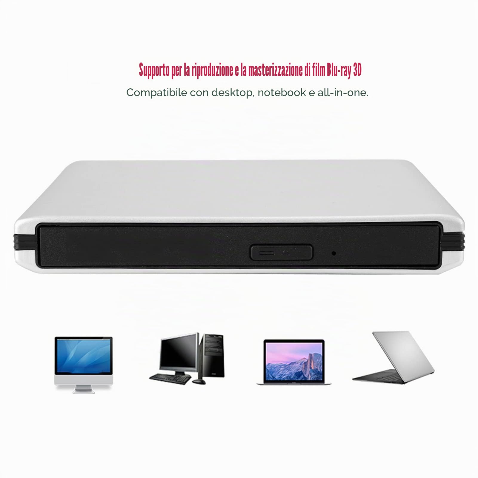Unità Ottica Esterna per PC, Unità CD DVD per Laptop Blu-Ray USB 3.0, Masterizzatore di Dischi per Unità Ottica DVD CD BD Writer Recorder