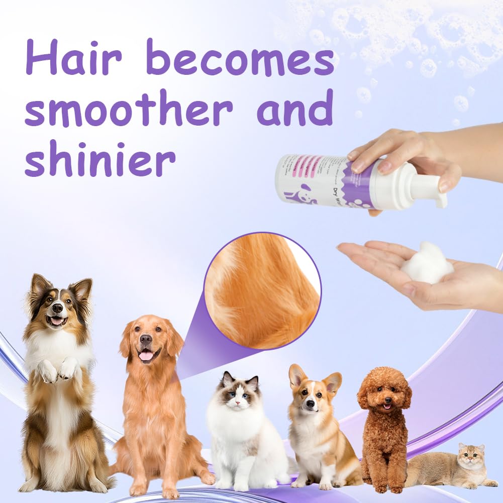 Aomig Shampooing à Sec pour Chat Chien, 150ml Shampoing sans Rinçage et sans Eau, Nettoyage en Profondeur et Rafraîchit Le Poil, Pelage Brillant et Soyeux, 100% Naturel, pour Pellicules, Gras, Odeurs