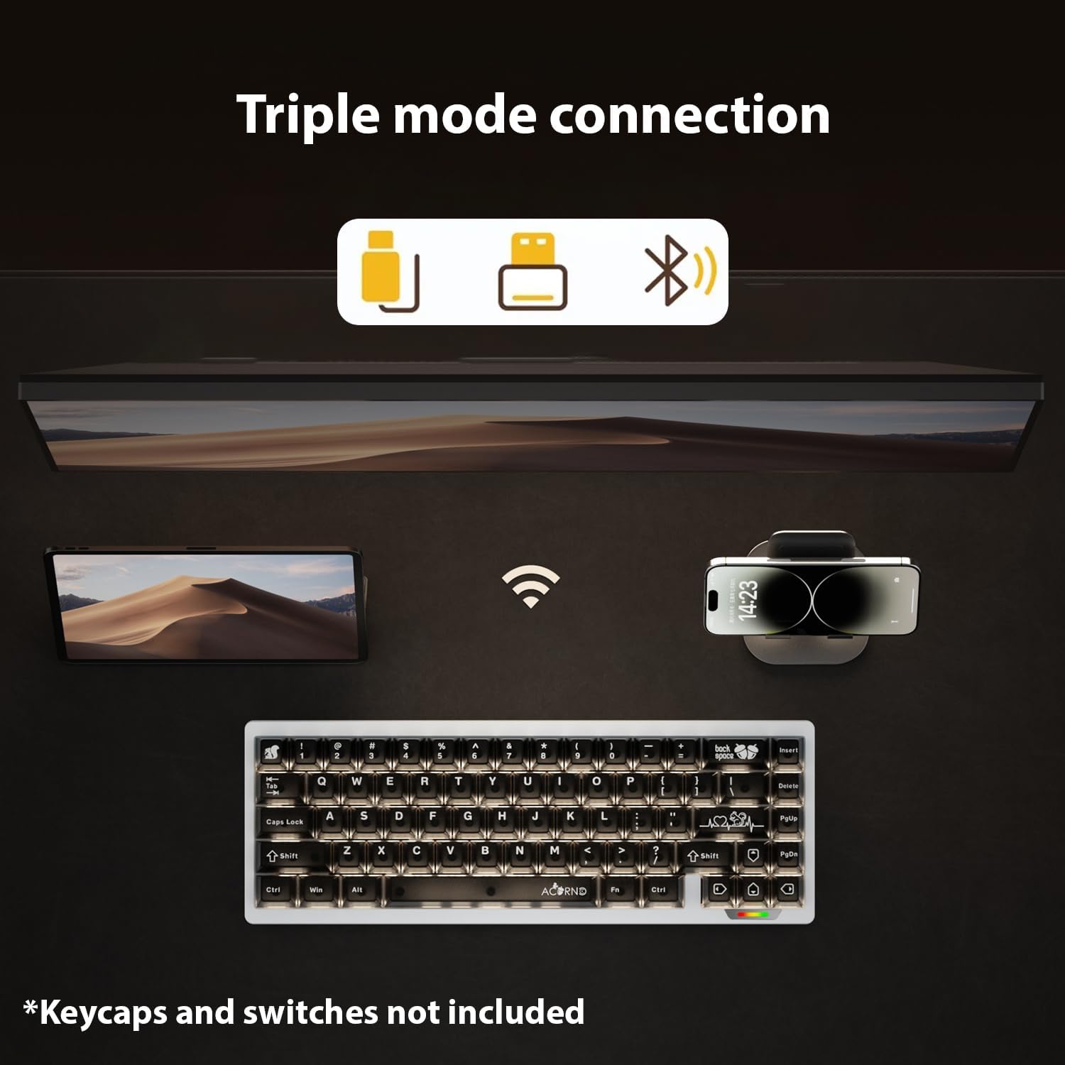 Diagram illustrating the triple mode connection options: USB-C wired, 2.4G wireless, and Bluetooth, with icons for each mode.