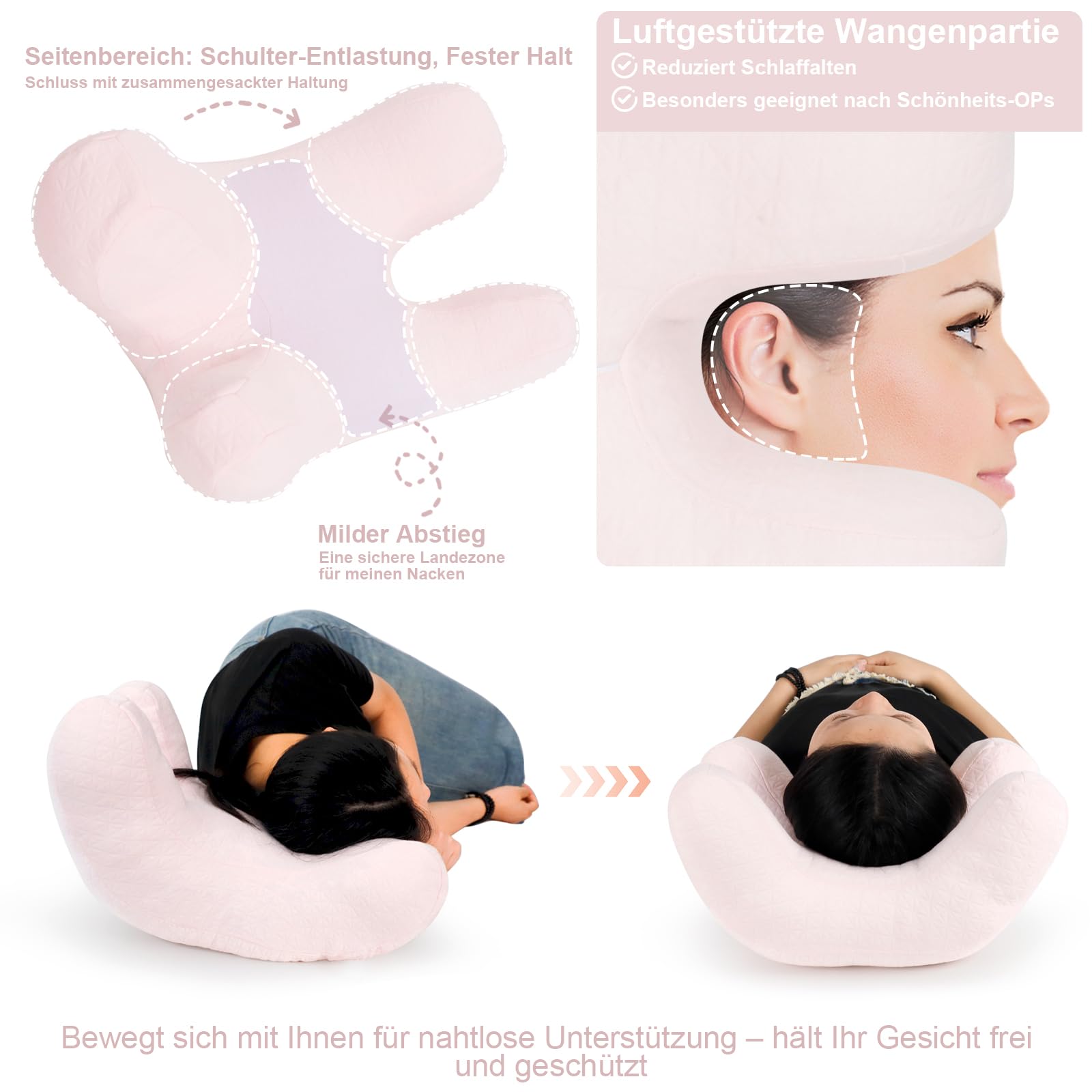 Anti-Falten Kissen, Seitenschläfer Schönheitskissen, Hautfreundliches Daunenkissen gegen für Schlafen, Anti-Wrinkle Pillow für Anti-Aging, Eye-Surgery, Gesichtsfalten, Nackenstütze（Rosa）