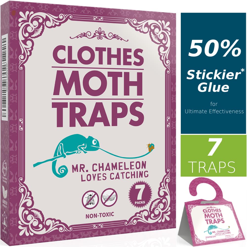 Mr.Chameleon Moth Traps for Clothes - 50% Stickier Glue for Ultimate Effectiveness - 7 Pack Moth Traps - Non-Toxic Clothing Moth Traps with Pheromones Prime in Your Kitchen - Odor-Free & Natural
