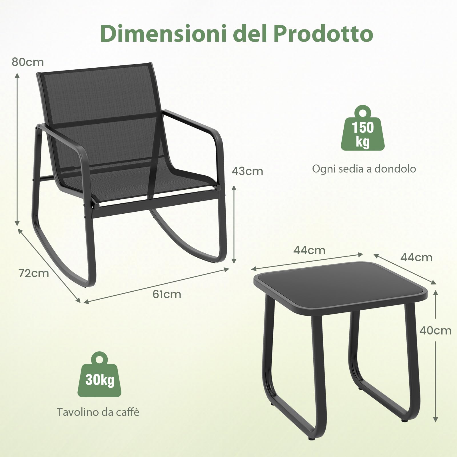 COSTWAY Set Bistrò 3 Pezzi, Sedie a Dondolo Ergonomiche Textilene, Tavolino Vetro Temperato, Struttura Metallo, Nero