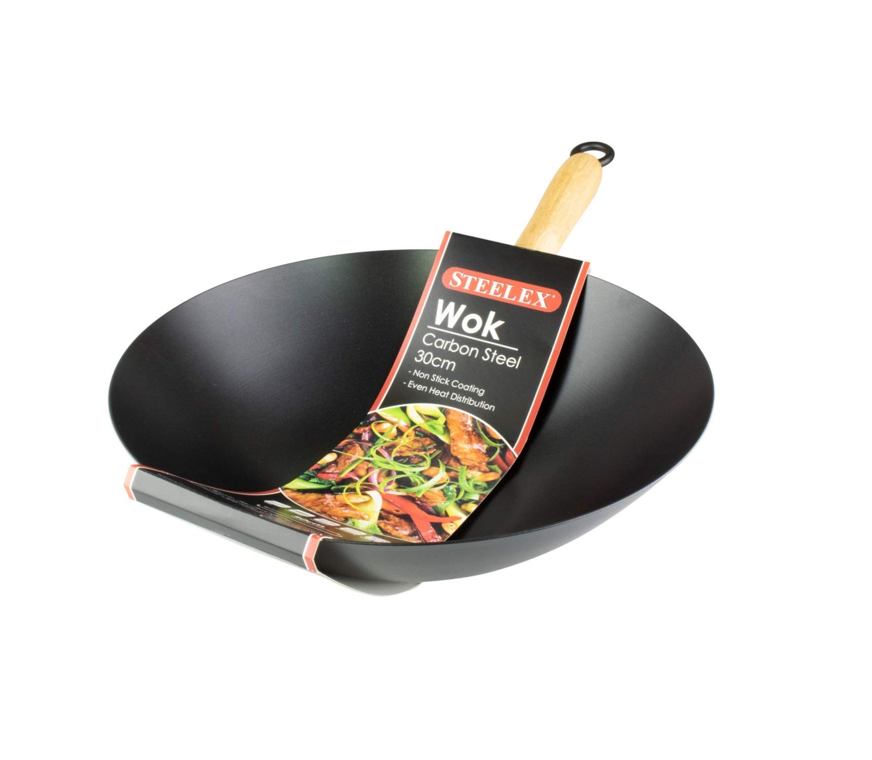 STEELEXNon Stick Carbon Steel Wok 30cm With Wooden Handle Flat Base Chinese Style Cooking Deep Stir Fry Frying Pan