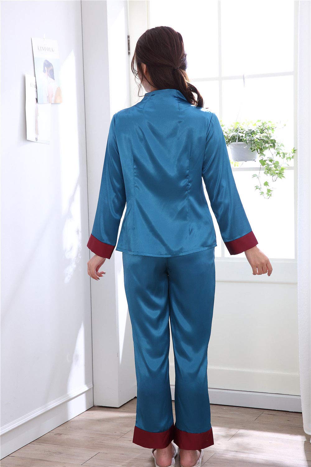 YUHOOE Pijamas De Mujer,Conjunto De Pijamas De Satén Sedoso,Estilo Chino,Bordado Floral,Manga Larga,Ropa De Dormir,Suave Y Cómoda,Ropa De Dormir,Ropa De Dormir,Ropa De Casa para Damas,Azul,L