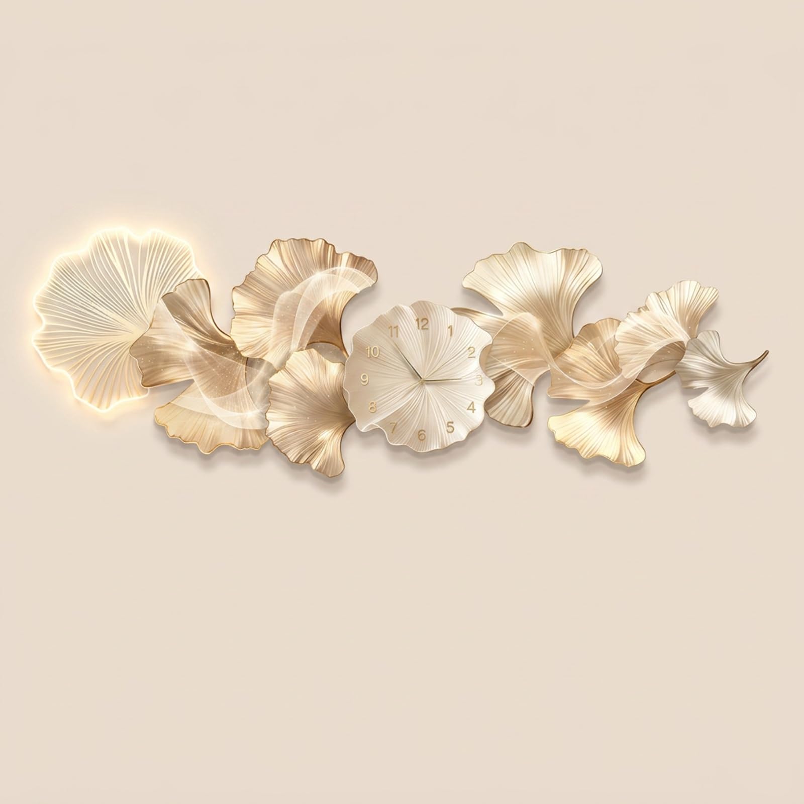 Orologio da Parete 3D con Luce LED e Foglie di Ginkgo Biloba Decorativo | Design 3D stratificato, Retroilluminazione LED calda, Orologio silenzioso, Decorazione(A-LED,39.4*13.8in)