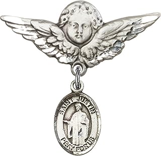 Sterling Silver Baby Badge with St. Justin Charm and Angel w/Wings Badge Pin 1 1/8 X 1 1/8 inches