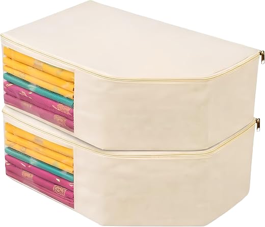 Kottify Blouse Storage Organizer Pack of 2, Cotton Canvas Saree Blouse Cover with Transparent Window, Dust Proof Wardrobe ...