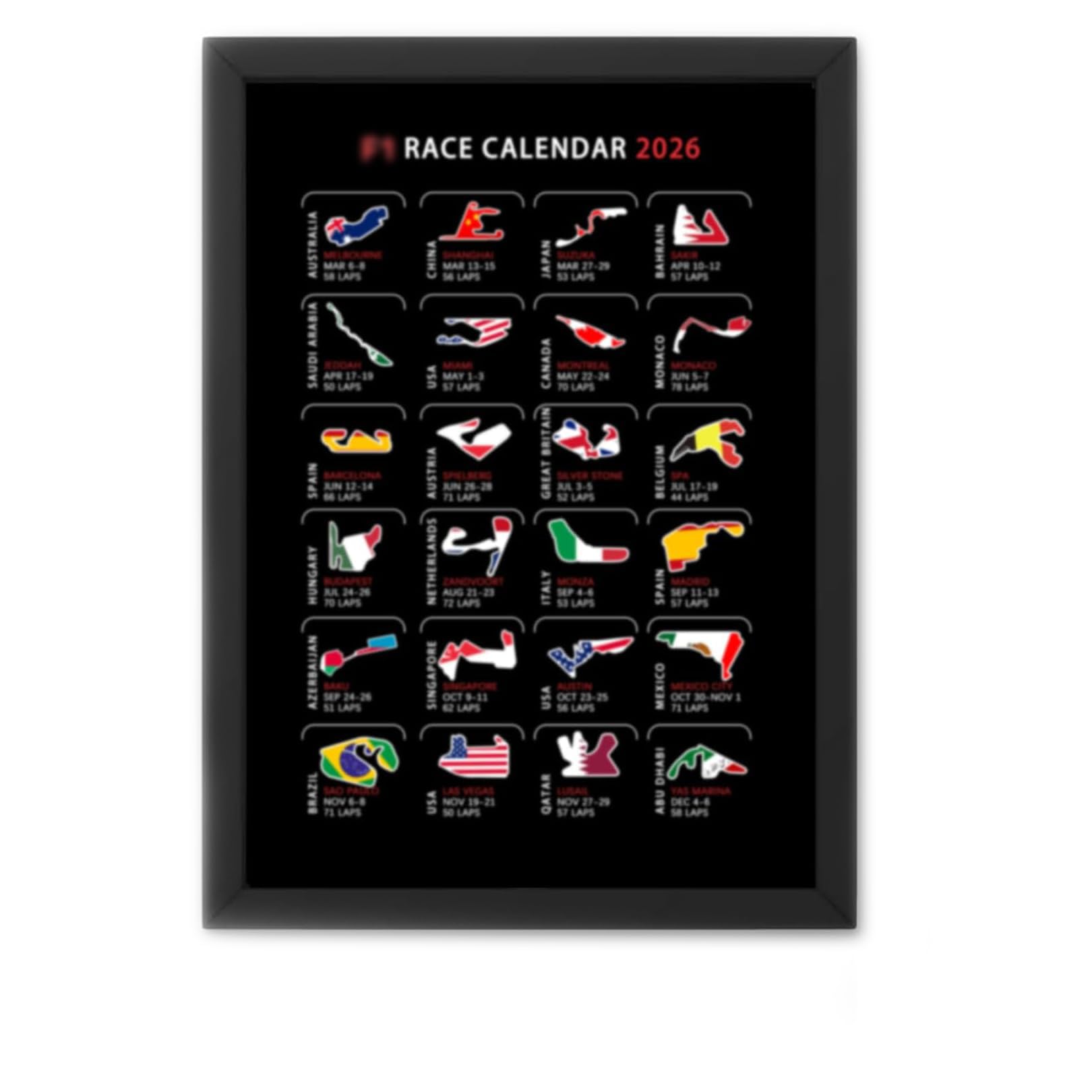 For F1 Calendar 2026,Race Schedule Poster in A4 Frame for F1 Gifts for Men