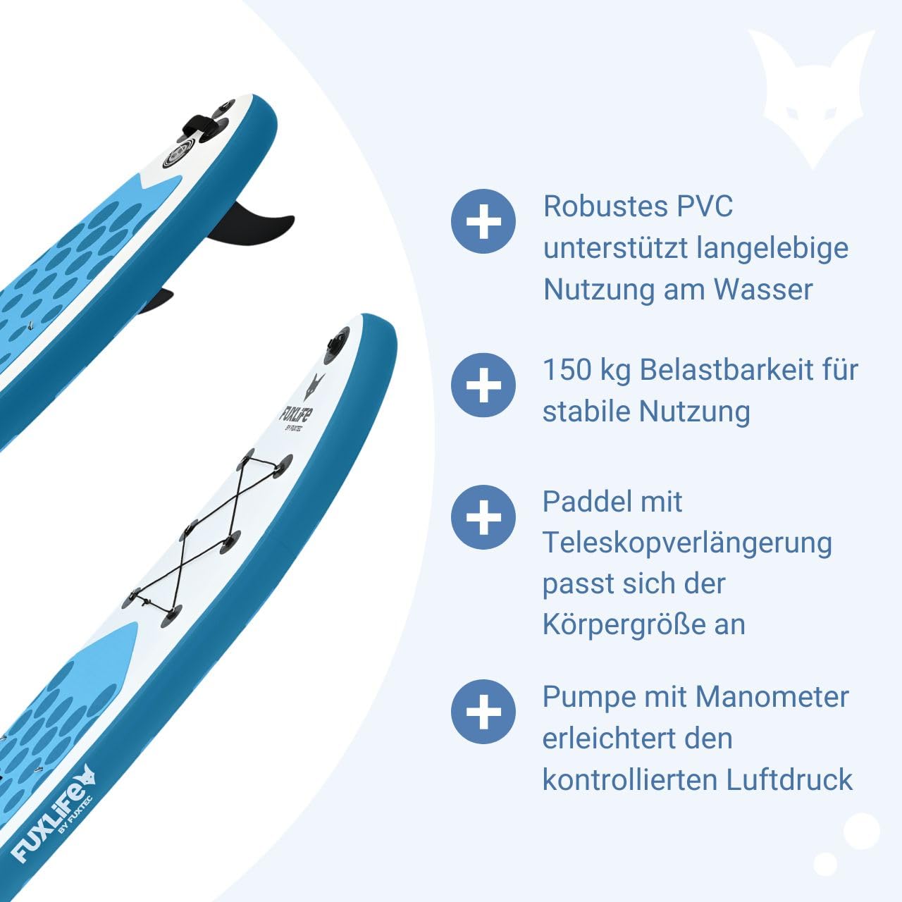 Fuxtec Aufblasbares SUP Board ECO Set – Stand Up Paddle Board 320 x 81 x 15 cm mit 3 Finnen – Touring-Board belastbar bis 150kg – inkl. Packsack
