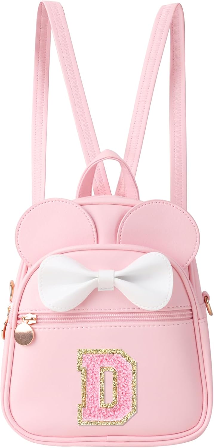 Personalized Toddler Backpack for Girls 3–10, Cute Mini Bowknot Mouse-Ear Toddler Bookbag Crossbody Purse, Small Daypack Wallet Set, Initial Birthday Gift, Trendy Little Kids/Teen Bag(Pink,D)