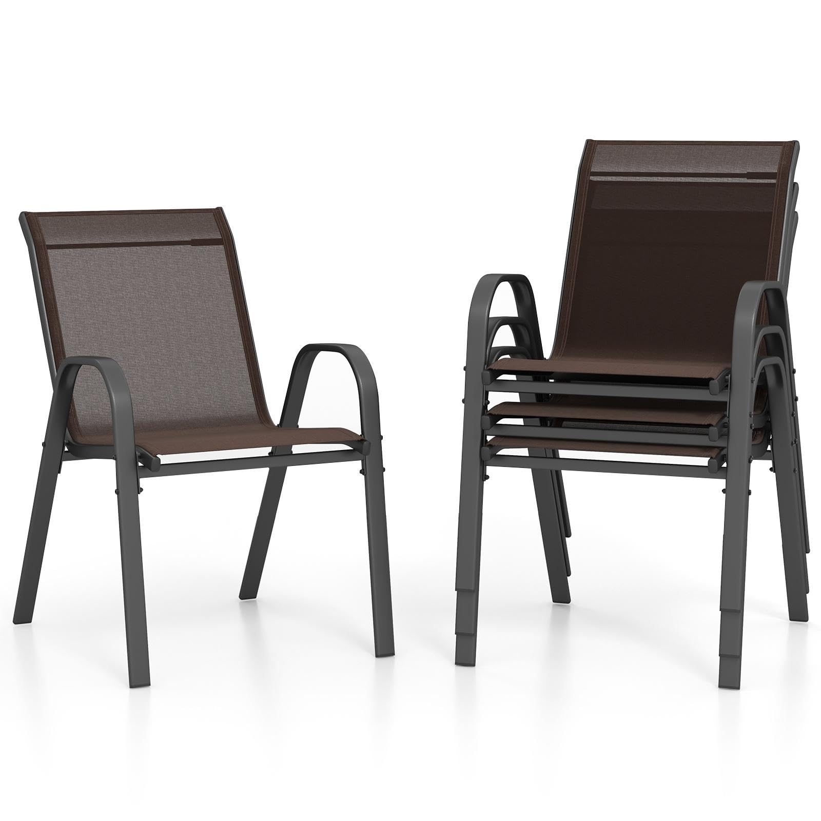 GOPLUS Juego de 2/4 Sillas de Jardín Exterior de Metal y Textileno Transpirable, Sillón de Jardín Apilable y Antideslizante con Apoyabrazos y Respaldo, para Patio, Terraza (56 x 70 x 84 cm)