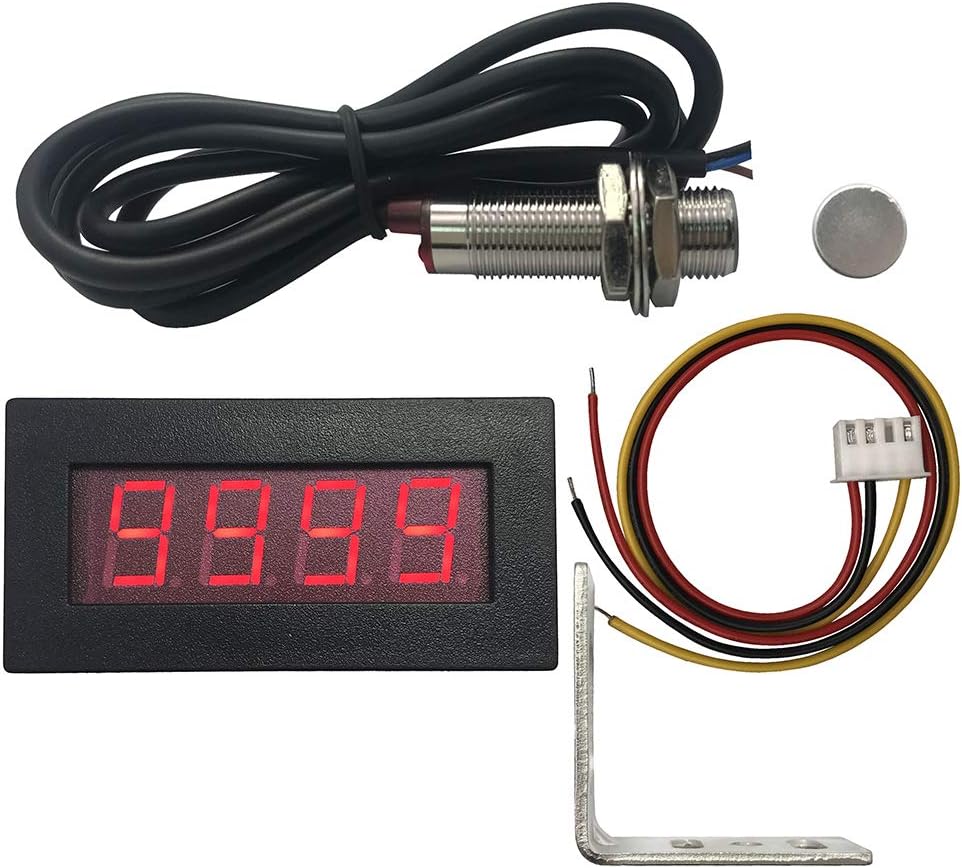DIGITEN 4 Digital Red LED Tachometer RPM Speed Meter + Hall Proximity Switch Magnet Sensor NPN + Sensor Mounting Holder for Lathe Conveyor Belt