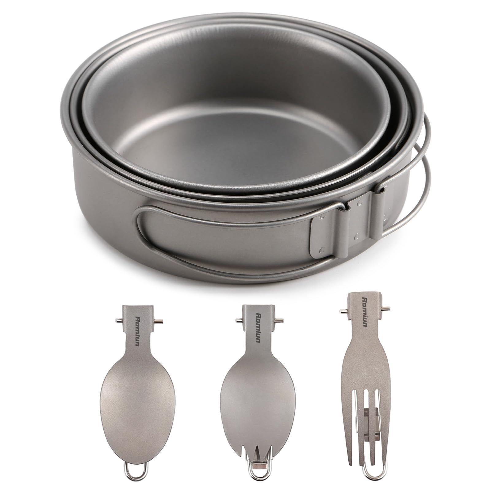Set di Utensili e Ciotola da Campeggio, 3 Ciotole, Cucchiaio e forchetta, Combo Ciotola in Titanio con Manico Pieghevole, stoviglie da Escursionismo ultraleggere in Titanio, Set da 6 Pezzi