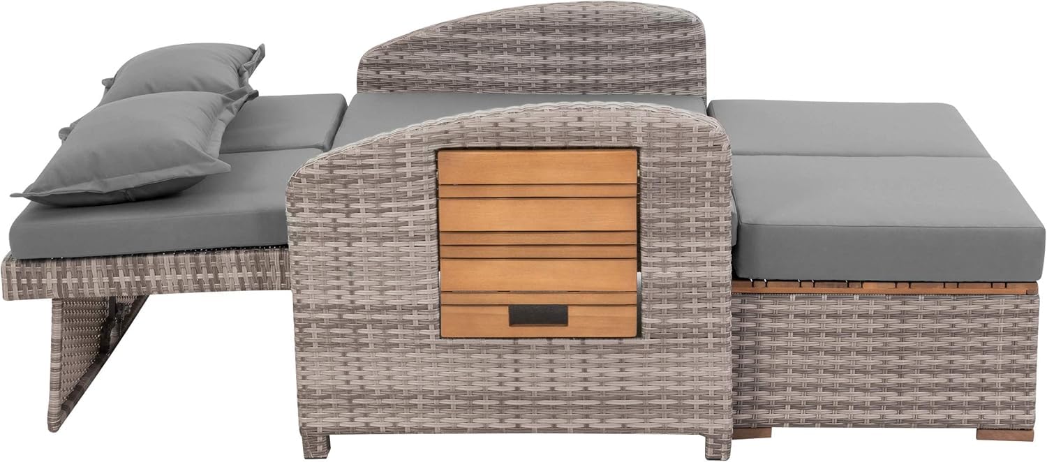 greemotion Gartensofa mit Liegefunktion Bahia Tobago - Sonnenliege mit 5-fach verstellbarer Rückenlehne - Gartenlounge mit zwei klappbaren Seitentabletts - Loungesofa inkl. Hocker 117x93x74 cm | 117 x 93 x 74 cm