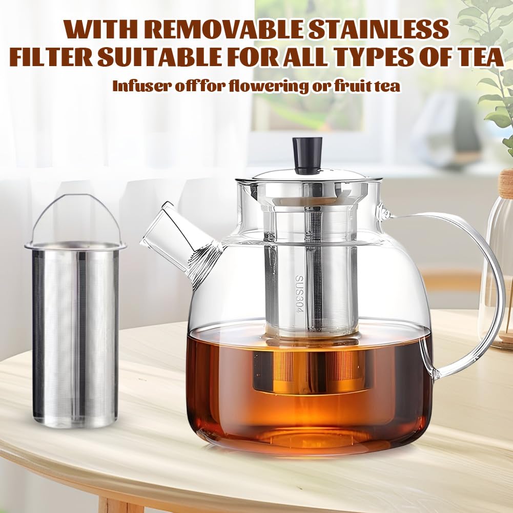 Teiera in vetro da 1,8 litri con fornello, teiera in vetro con colino, teiera con colino per tè sfuso, senza BPA, microonde e lavabile in lavastoviglie