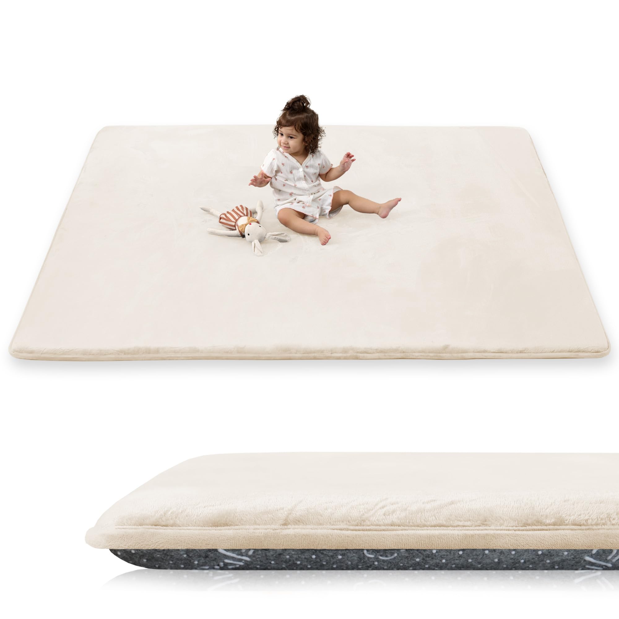1.5" Thick Baby Play Mat for Floor, 59x79 Playpen Mat, Pro Soft Flannel Foam Mats Toddler Infant Kids Crawling for Nursery Rug Playroom Living Room Waterproof Easy Care Non-Slip (Beige) Beige 59''x79''x1.5''