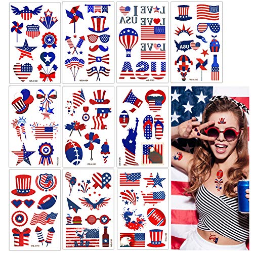 Unves 10Sheets American Flag Temporary Tattoos, Independence Day Patriotic Temporary Tattoos, Red White and Blue American Flag Stickers, Patriotic Stickers for Labor Day Memorial Day USA Party Favors