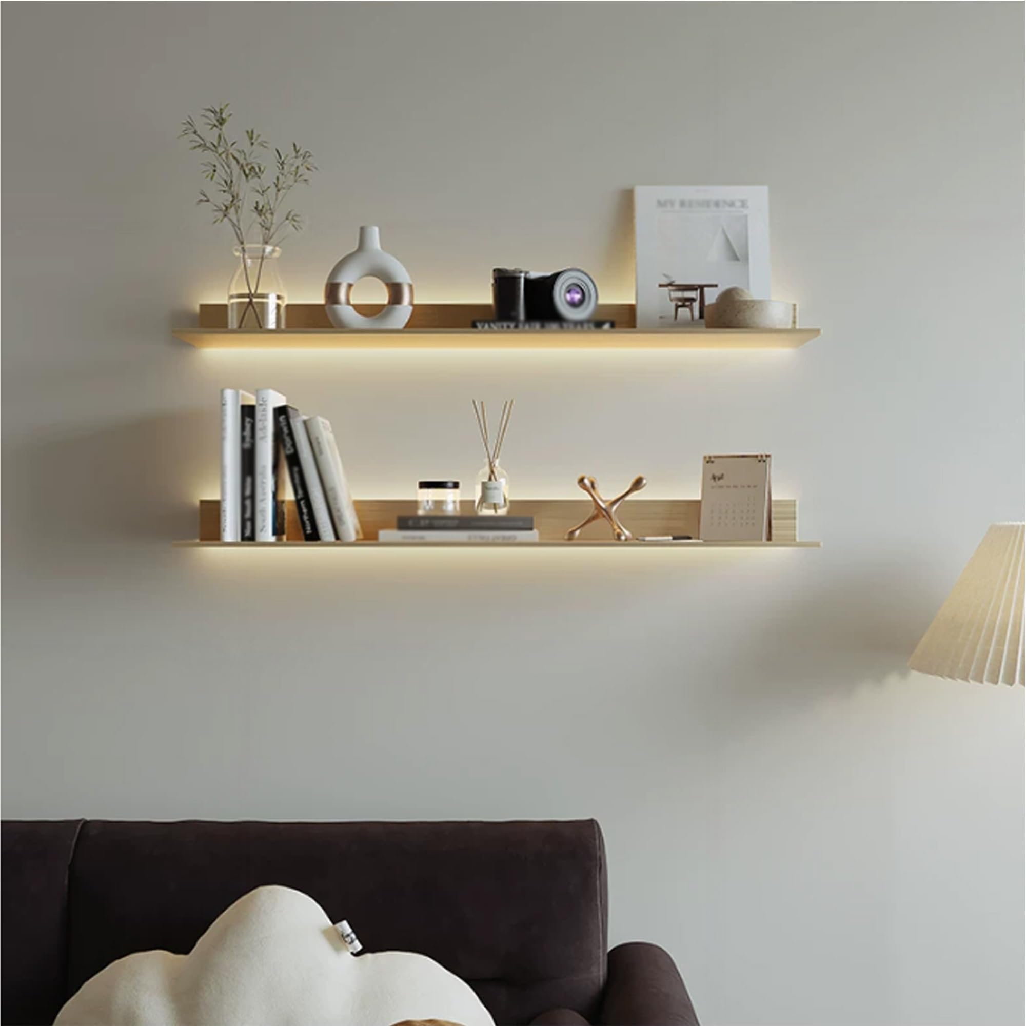 Estanteria con LED,baldas flotantes pared para exhibición y almacenamiento | Retroiluminación LED cálida, diseño flotante invisible, acero resistente, ahorro de espacio(Gold-20cm/7.8in,180cm/71in)