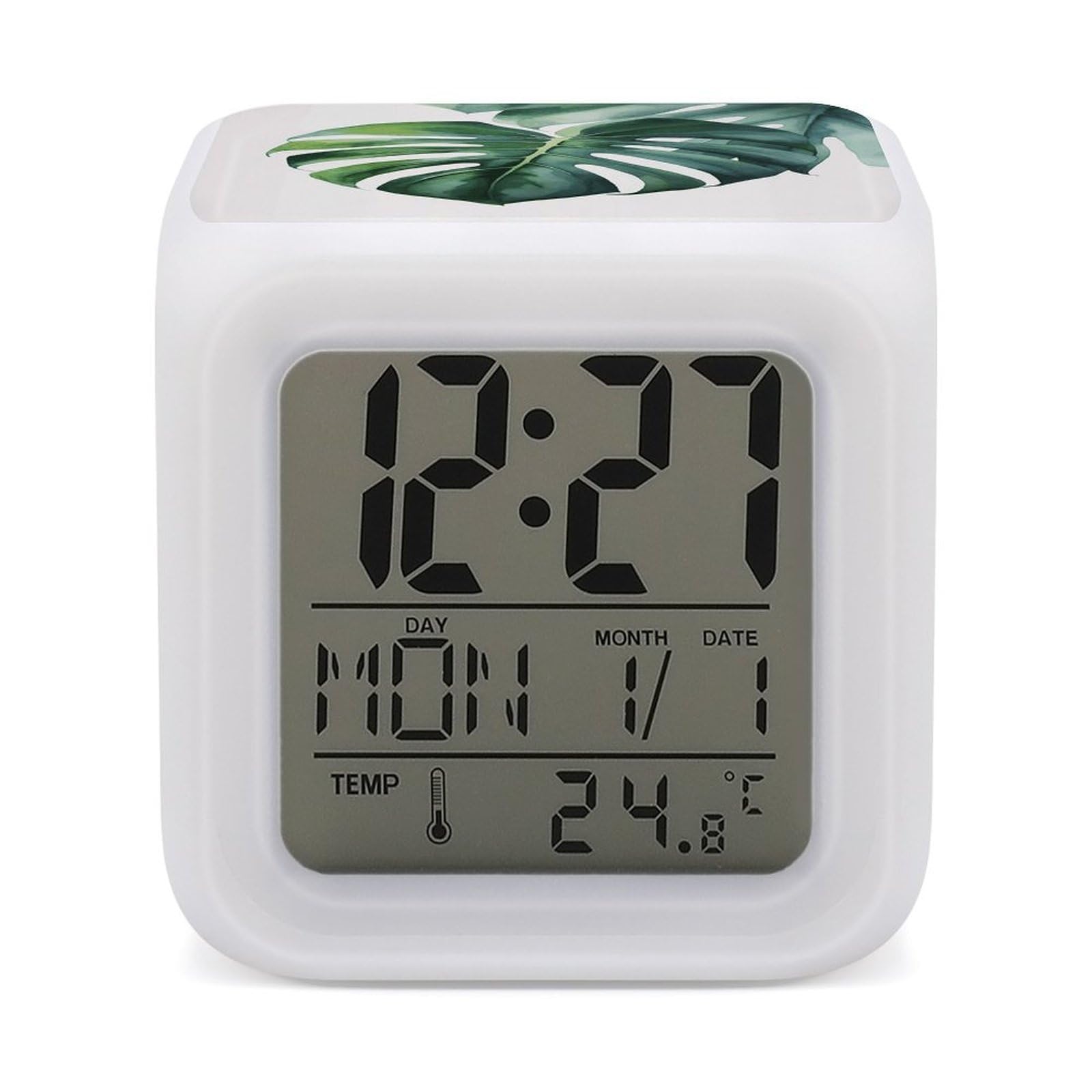 DWVTSLH Watercolor Monstera Leaf Alarm Clock with 7 Color Changing Night Light, Wake Up Digital Clock for Bedroom, Bedside Cube Clock with Date, Temperature, Battery Operated Desk Clock Gift