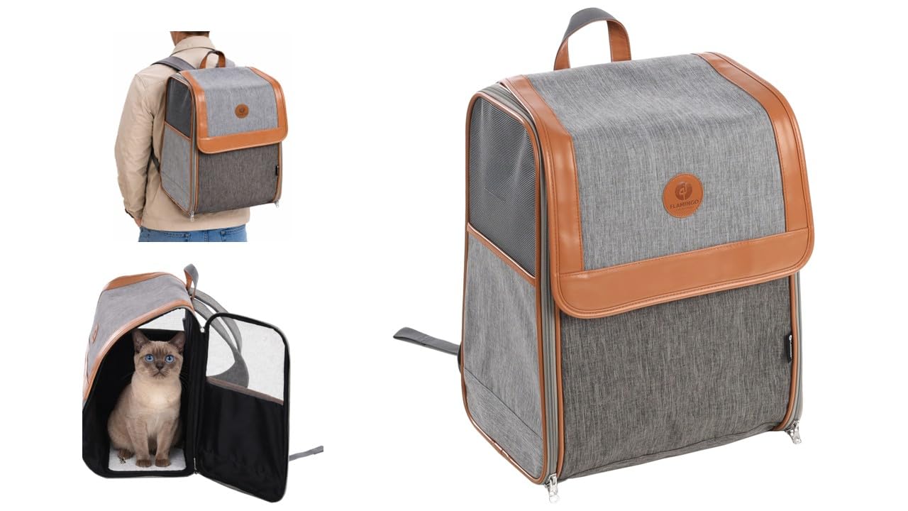 Flamingo Sac à Dos pour Animaux Tanana Gris - 35x25x42cm - Confortable, Ventilé et Sécurisé - Idéal pour Chiens et Chats de Petite Taille