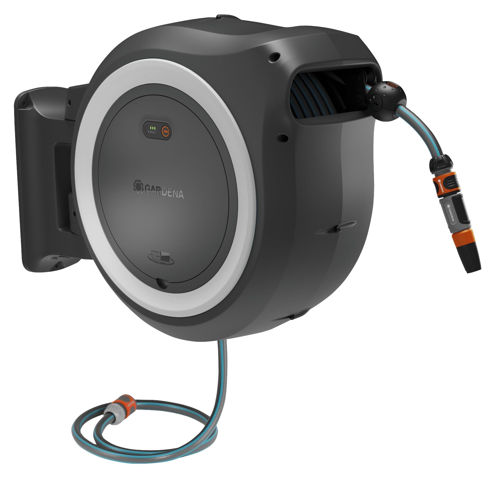 Gardenabattery-powered wall-mounted hose box PowerRoll XXL ready-to-use-set: Reel with 40m garden hose, automatic roll-up, hose guide & RollControl. Complete with rechargeable battery (18647-20)