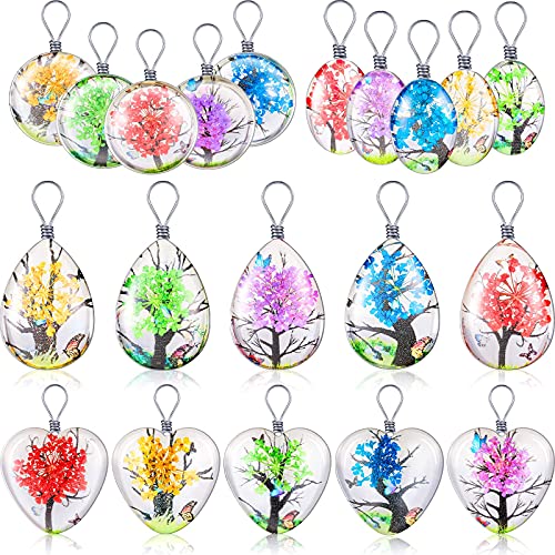 20 Pieces Dried Flower Pendant Dried Flower Tree Charms Resin Dried Pressed Flower Pendant Lacework Transparent Glass Ball Beads Round Floating Pendant Mixed Colors for Making Jewelry DIY Craft