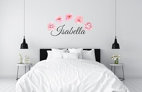 Miniatura 4 de Calcomanías de pared de flores con nombre personalizado, calcomanía mural de flores para dormitorio de niñas, decoración floral de acuarela