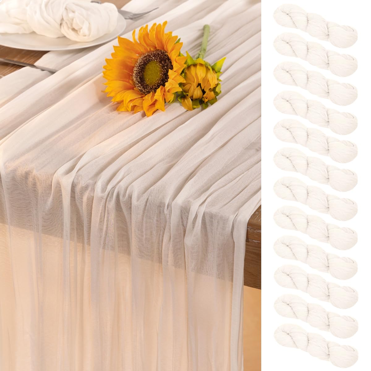 Ivory White Cheesecloth Table Runner 12 Pack Summer Sheer White Cheese Cloth Table Runners Boho Gauze 120 Inches Summer Table Decorations for Weddings Bridal Baby Shower Decor Birthday Party