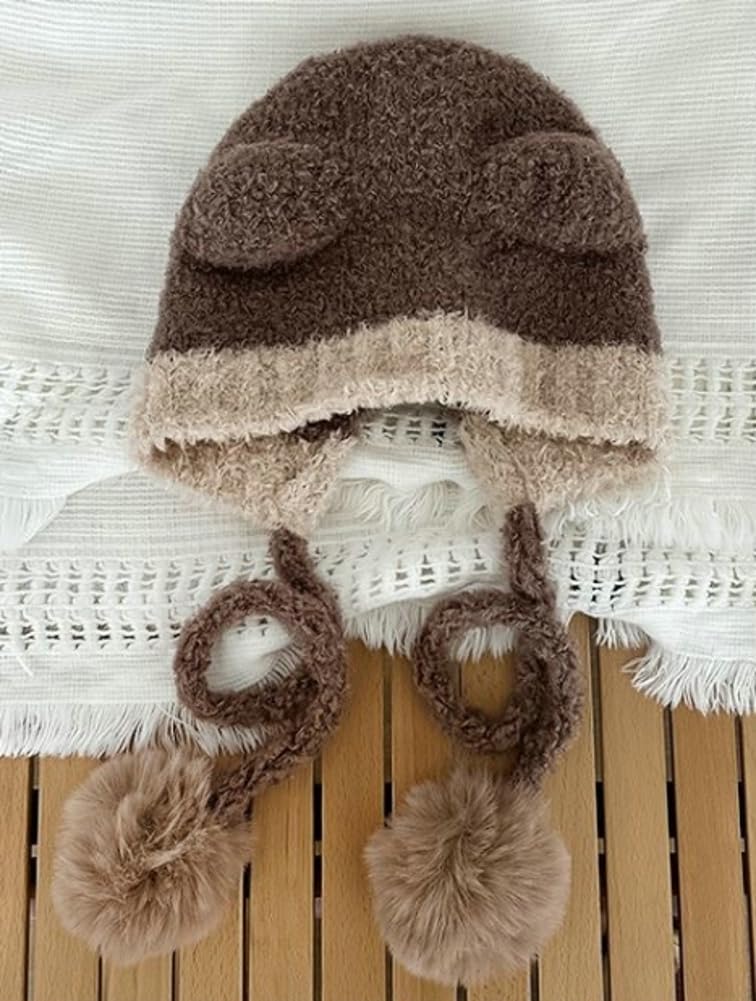 Pocadri Womens Cute Ears Trapper Hat Furry Warm Knitted Beanies Cap Slouchy Crochet Hat Winter Cap with Earflaps White